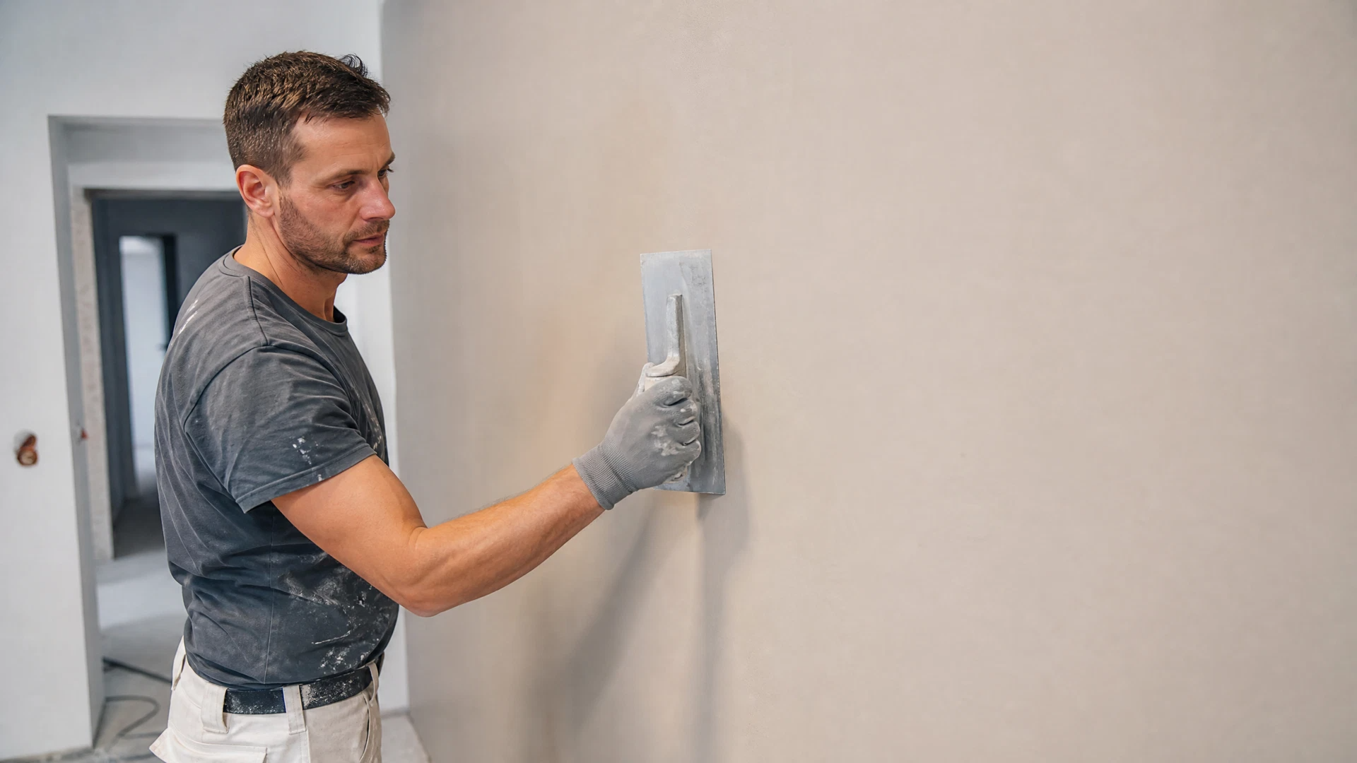 Gypsum plaster being applied and leveled on an interior wall