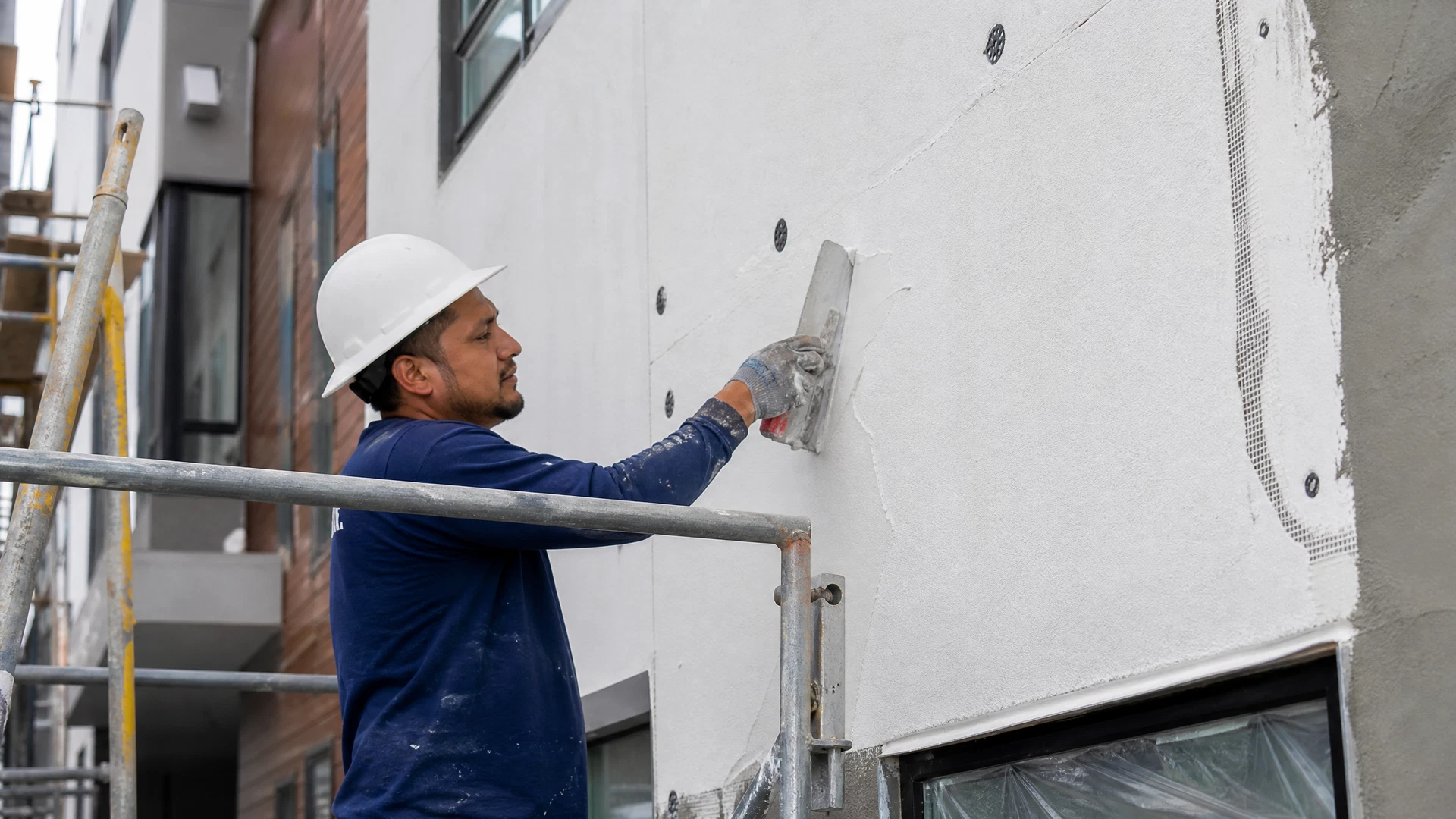 EIFS base-coat mortar applied over reinforcing mesh