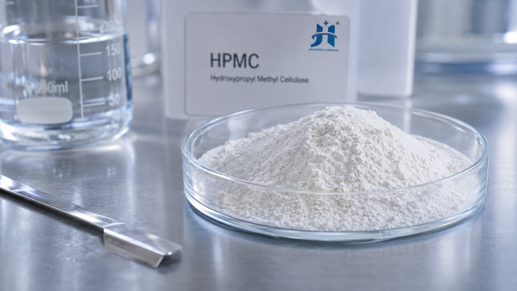 Hydroxypropyl Methyl Cellulose (HPMC) powder in a laboratory petri dish for cement additives and dry mix mortar formulations