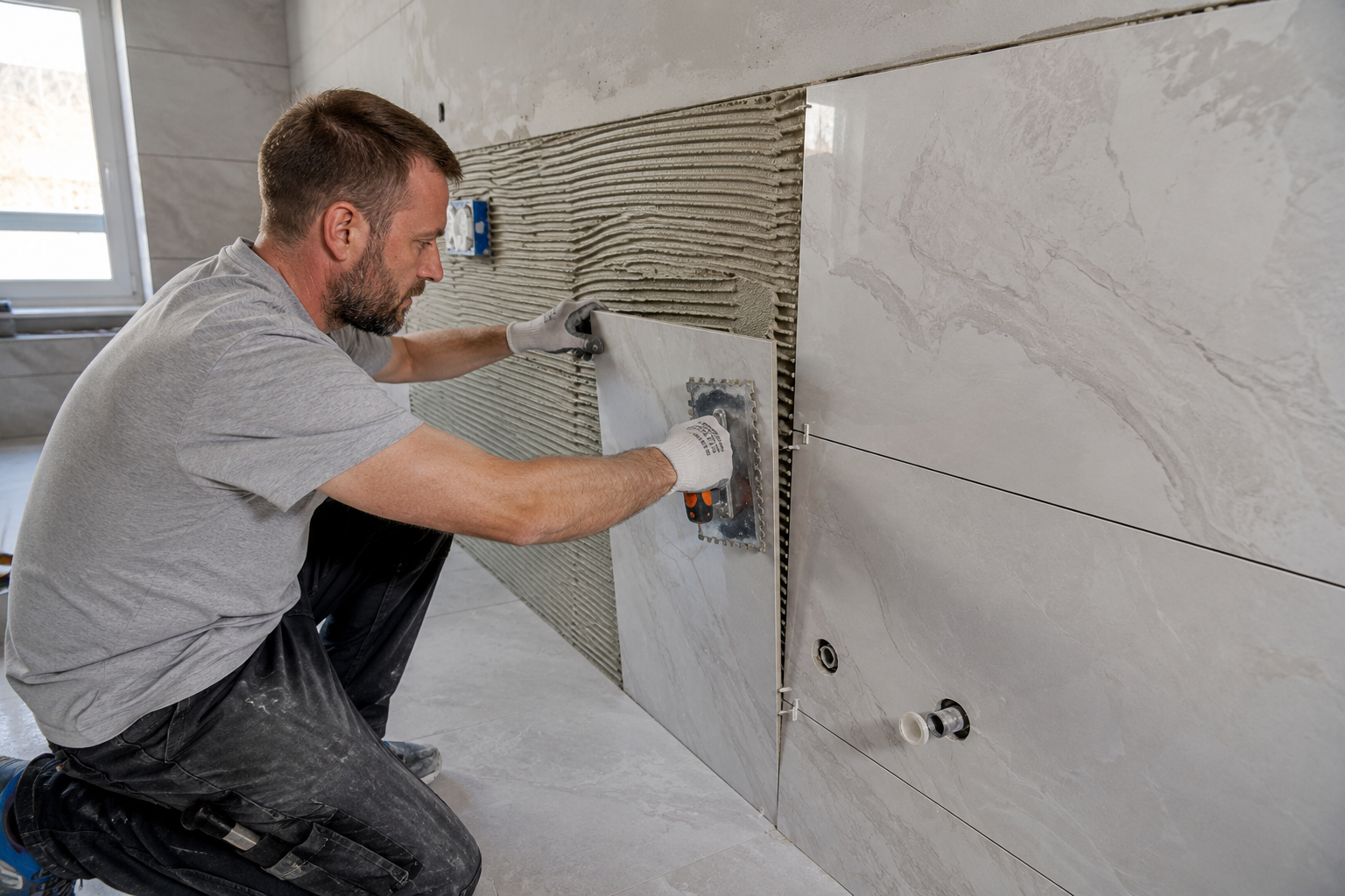 Professional tile adhesive installation using HPMC-modified cement mortar with excellent workability and water retention