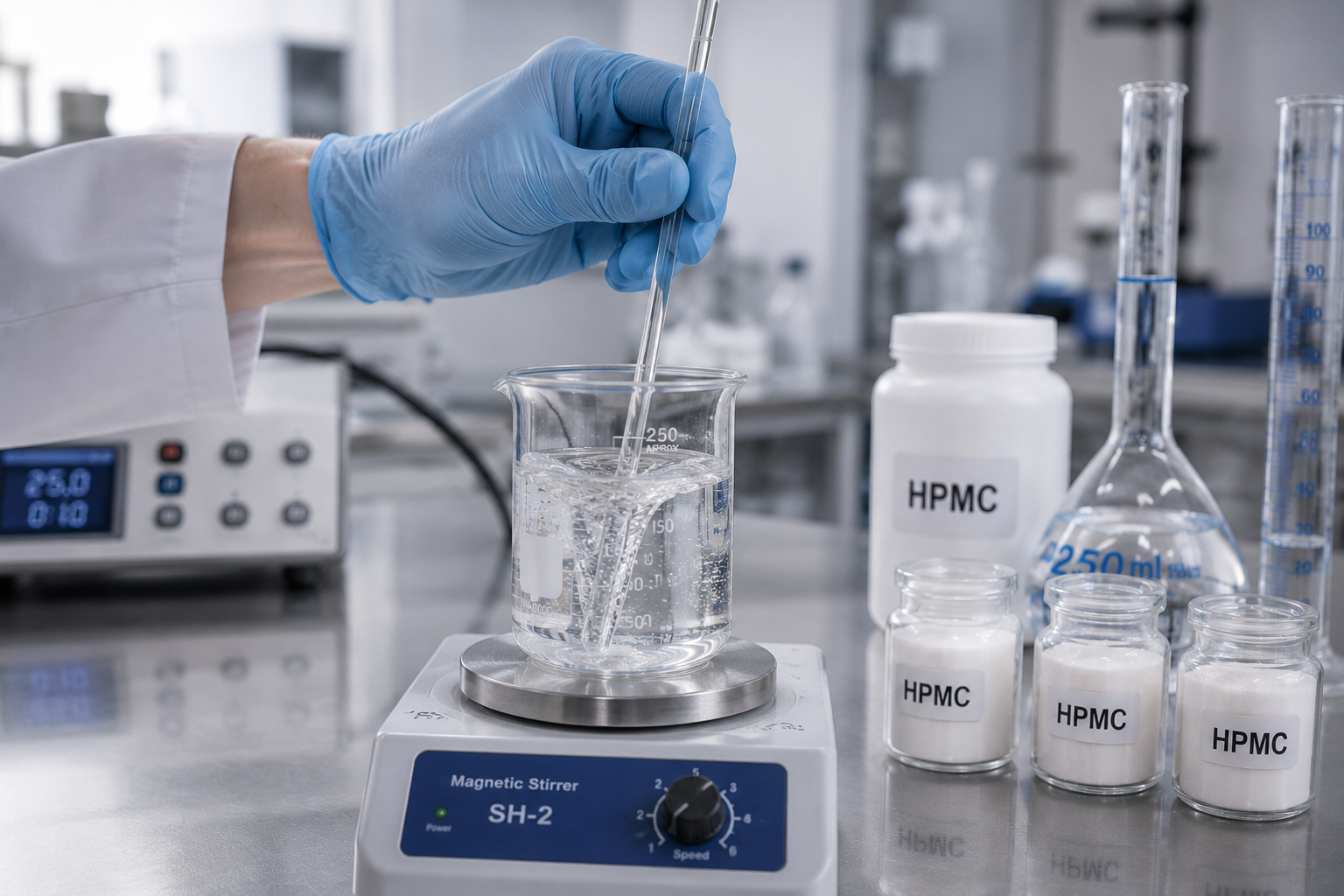 Hydroxypropyl Methyl Cellulose (HPMC) dissolving in water on a laboratory magnetic stirrer during hydration testing