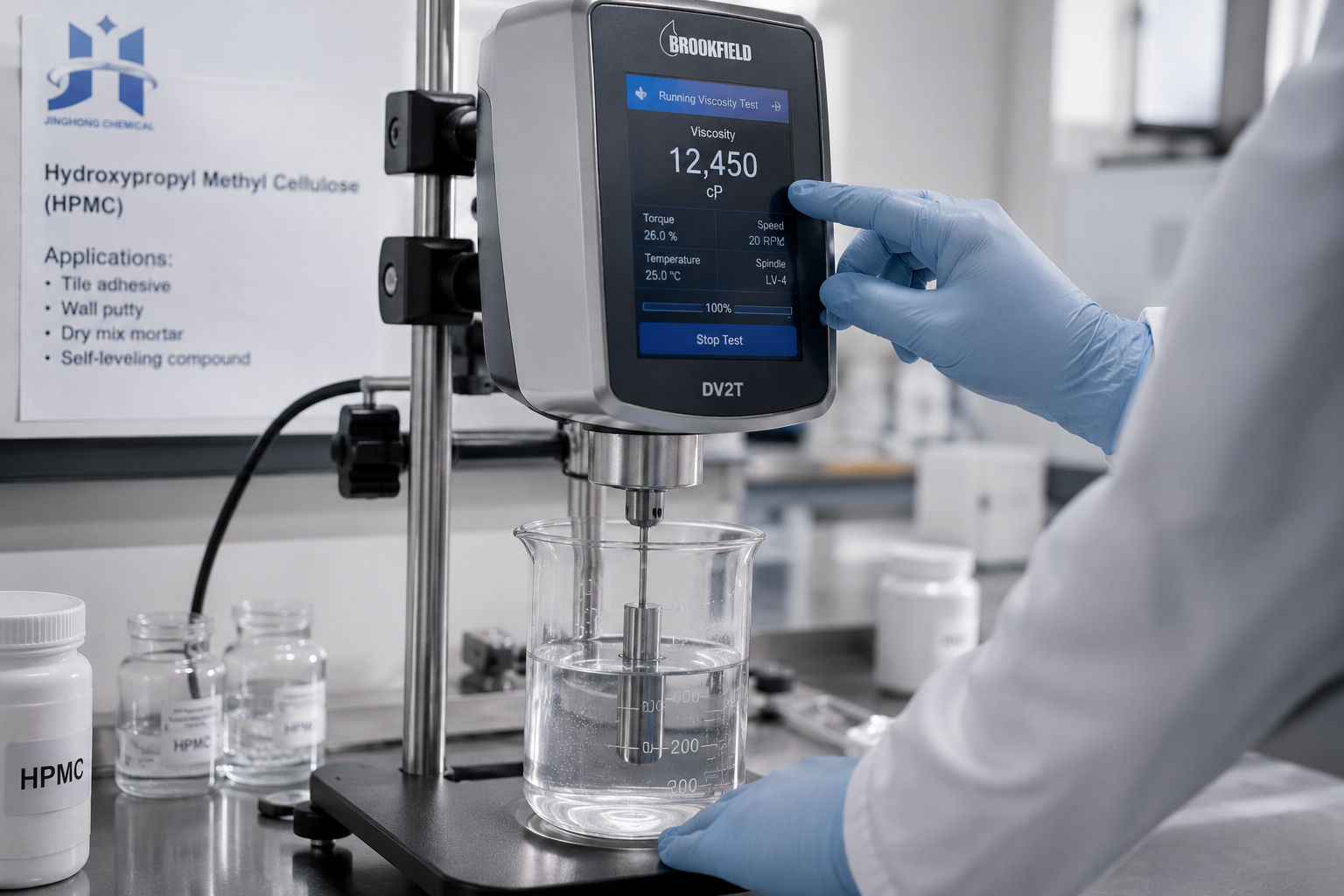 Brookfield rotational viscometer measuring HPMC solution viscosity in a professional construction materials laboratory