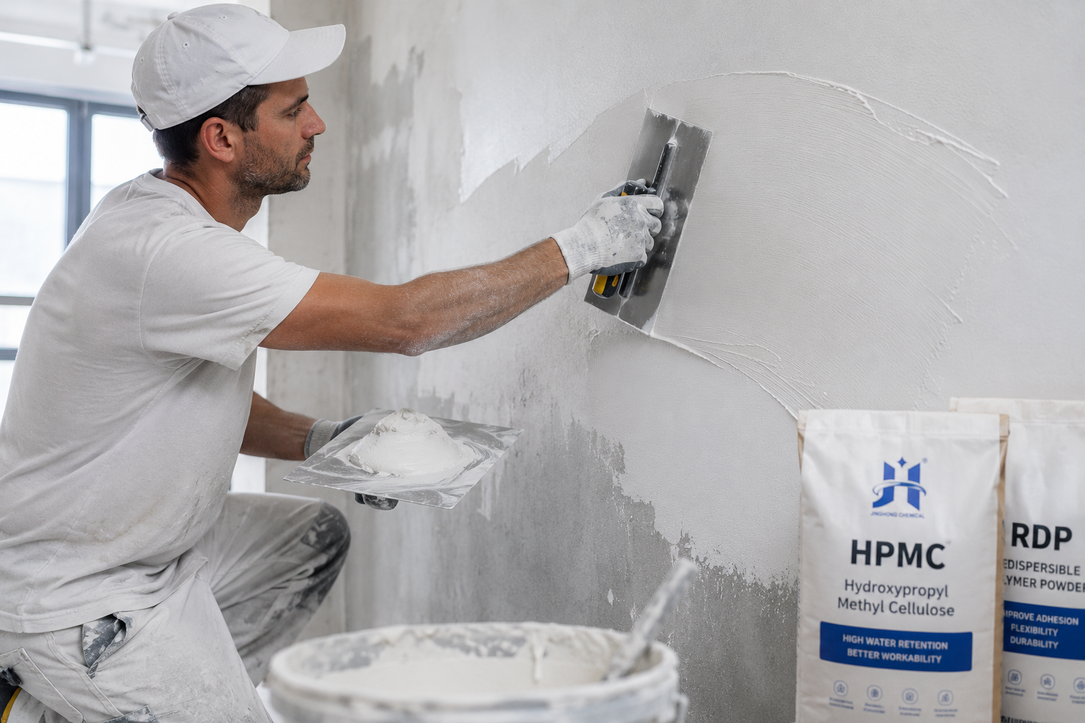 Professional application of HPMC-modified wall putty creating an exceptionally smooth interior wall finish