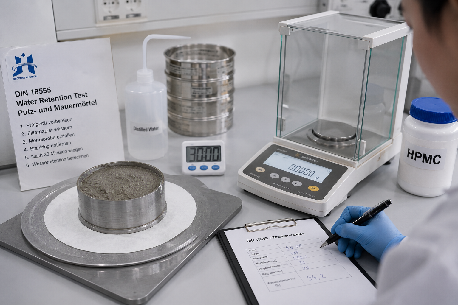 DIN 18555 water retention test using stainless steel ring, filter paper and precision electronic balance in a professional construction materials laboratory