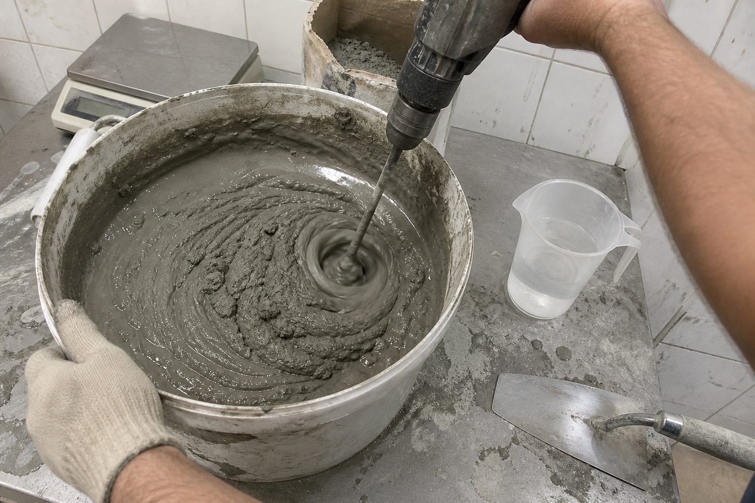 How RDP redisperses in fresh mortar Fresh cement mortar mixed with a drill paddle showing RDP redispersing after water is added