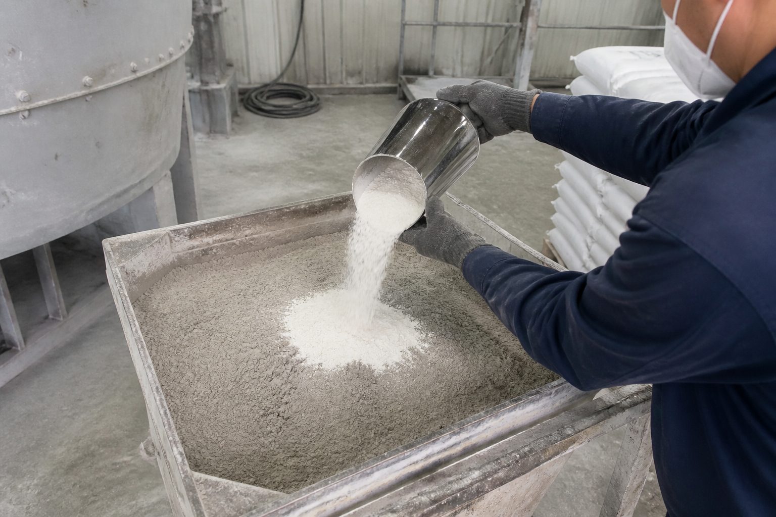 RDP added to dry-mix mortar Worker pouring white redispersible polymer powder into a grey dry-mix mortar batching hopper