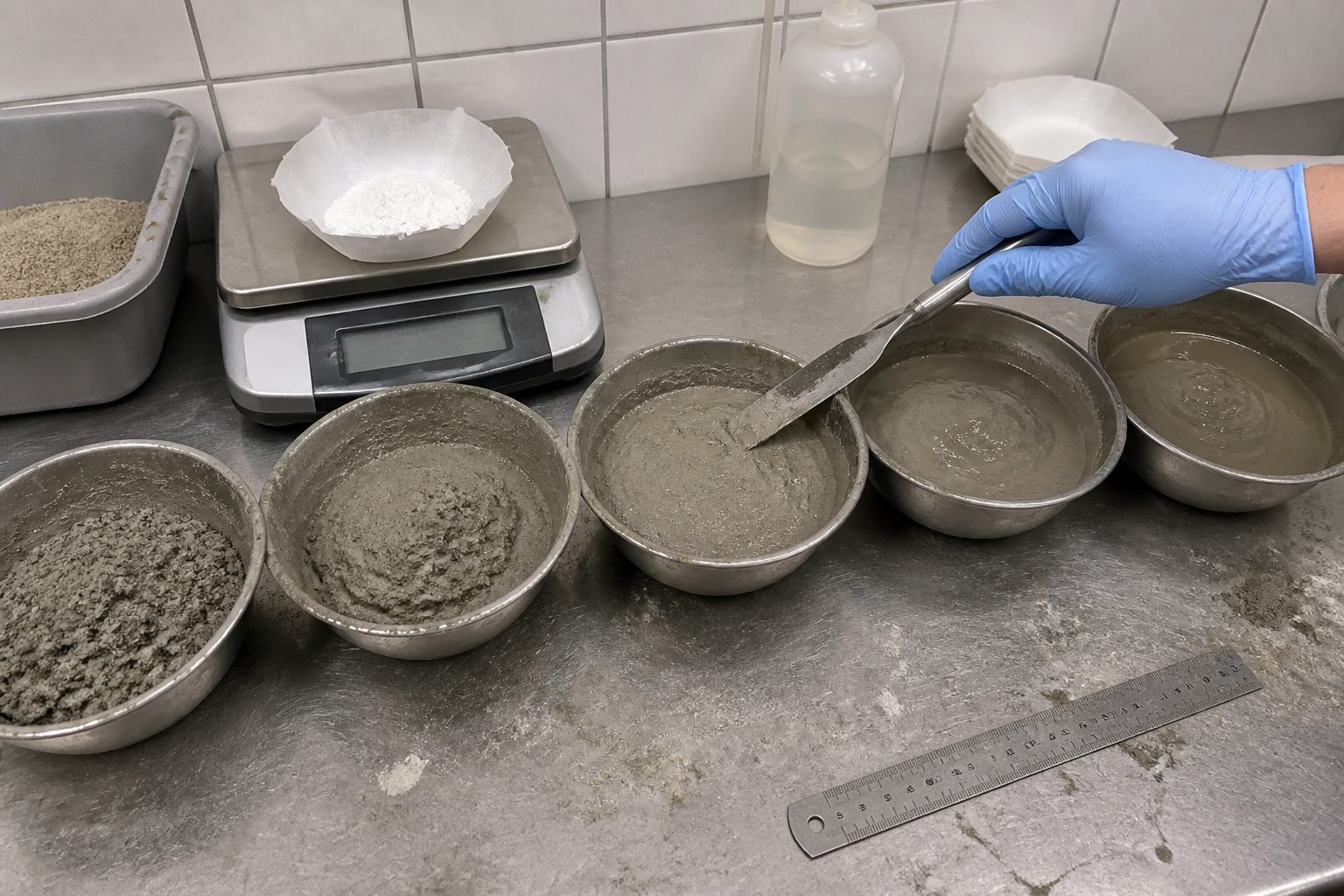 RDP dosage ladder trial in mortar Dosage ladder trial with five mortar batches at increasing consistency in a formulation laboratory