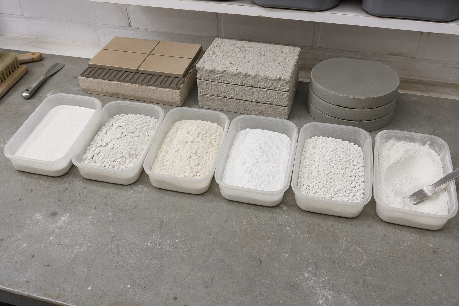 Different RDP grades for different mortar applications Six RDP powder samples of different textures beside tile, render and self-levelling mortar test specimens
