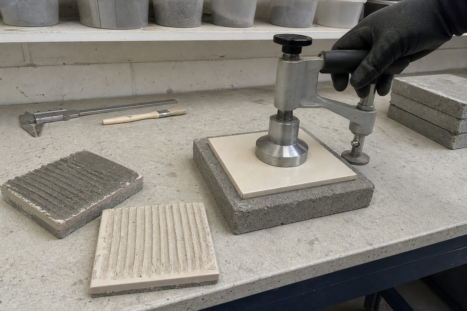 Tensile adhesion testing of RDP-modified mortar Tensile adhesion pull-off test on a tile adhesive specimen with tested samples showing different failure modes