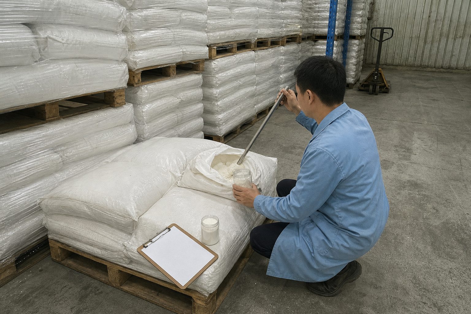 RDP supplier batch sampling and quality inspection Quality inspector drawing an RDP sample from a bagged pallet with a stainless steel sampling spear in a warehouse