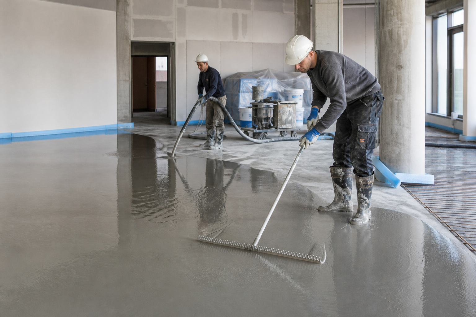 Self-leveling cementitious floor compound being spread with a gauge rake