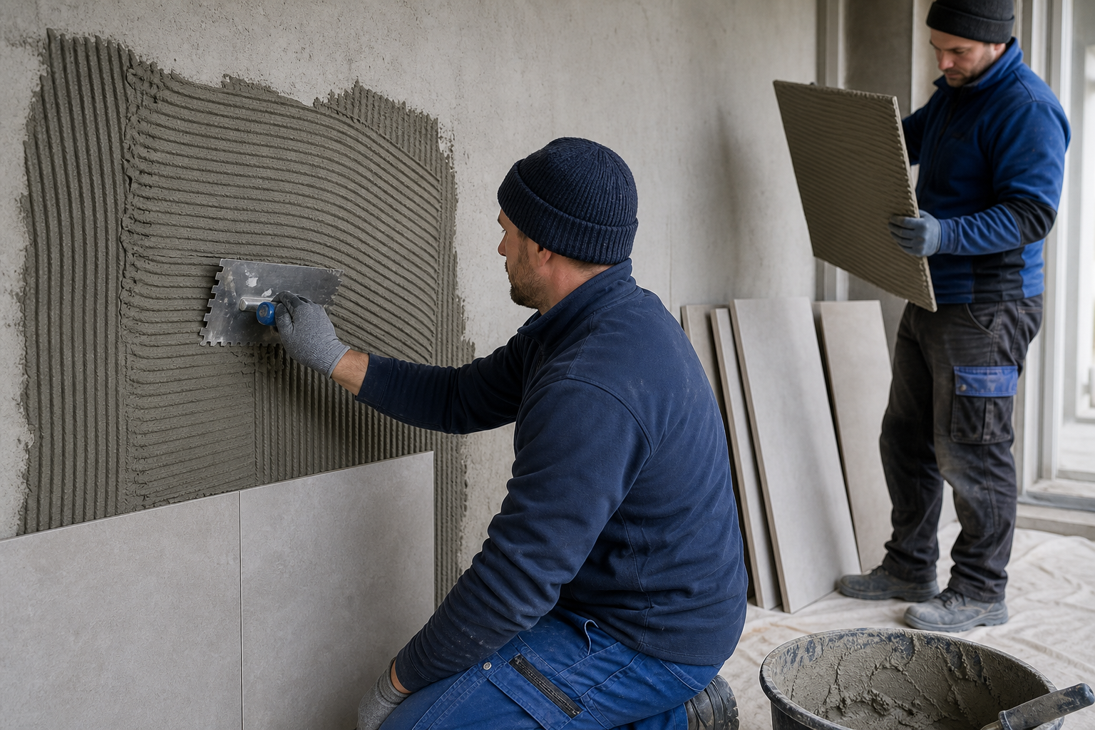 Tile adhesive applied with a notched trowel during an RDP trial