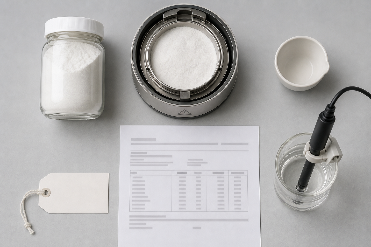 HPMC COA checks for identity moisture ash and pH with white fine-powder sample