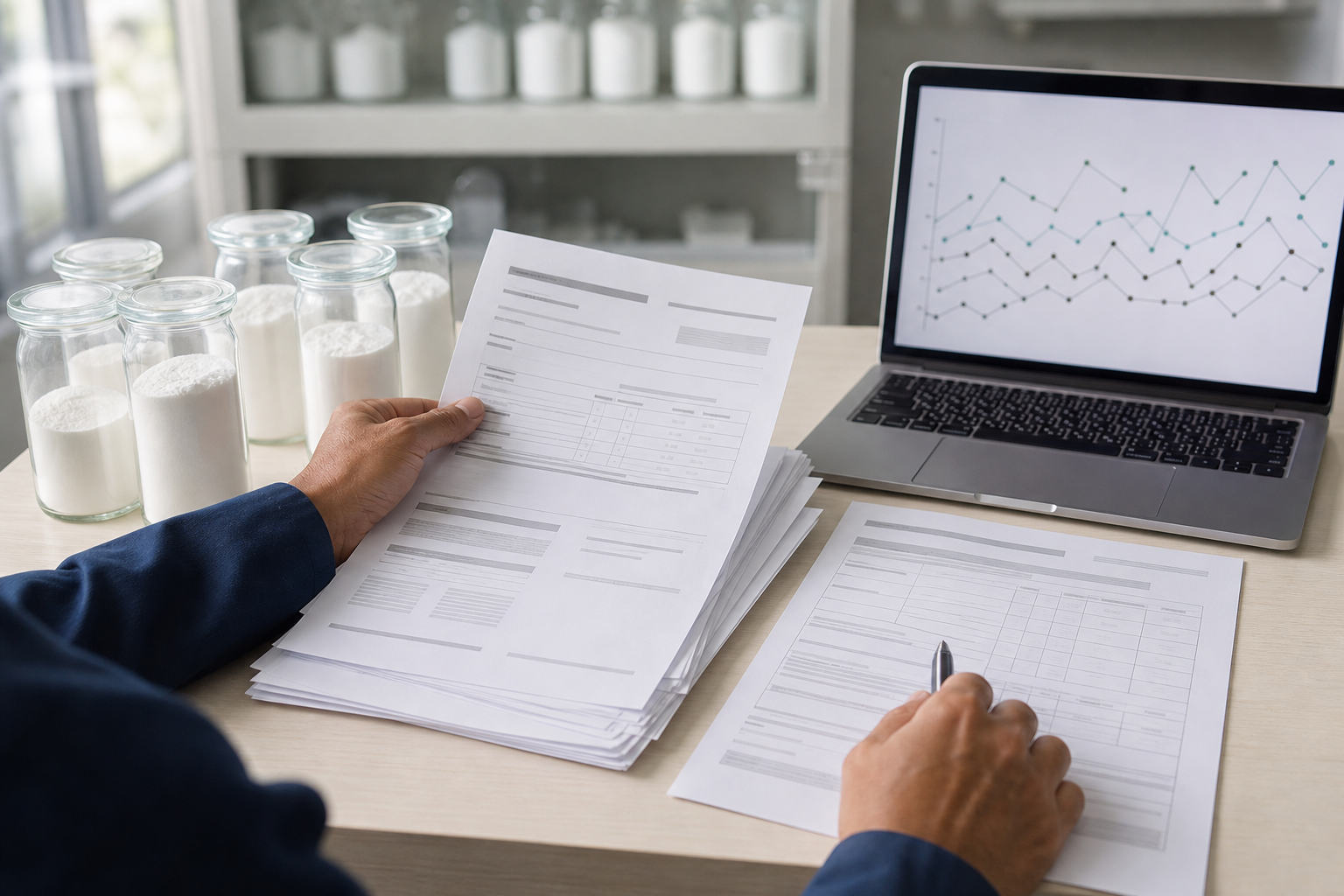 Quality manager comparing HPMC batch certificates and technical data sheets
