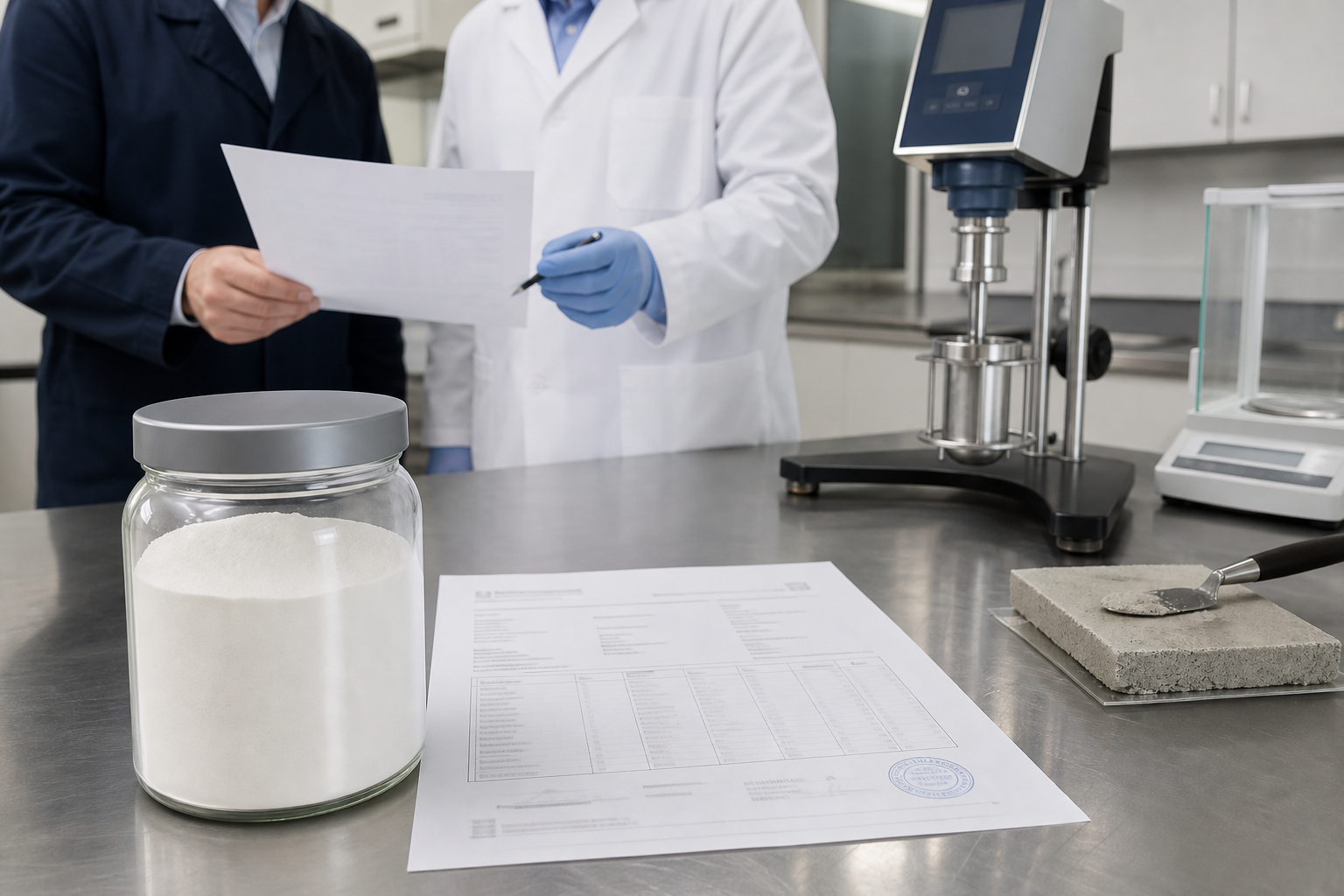 Buyer and laboratory technician reviewing an HPMC COA before a bulk order