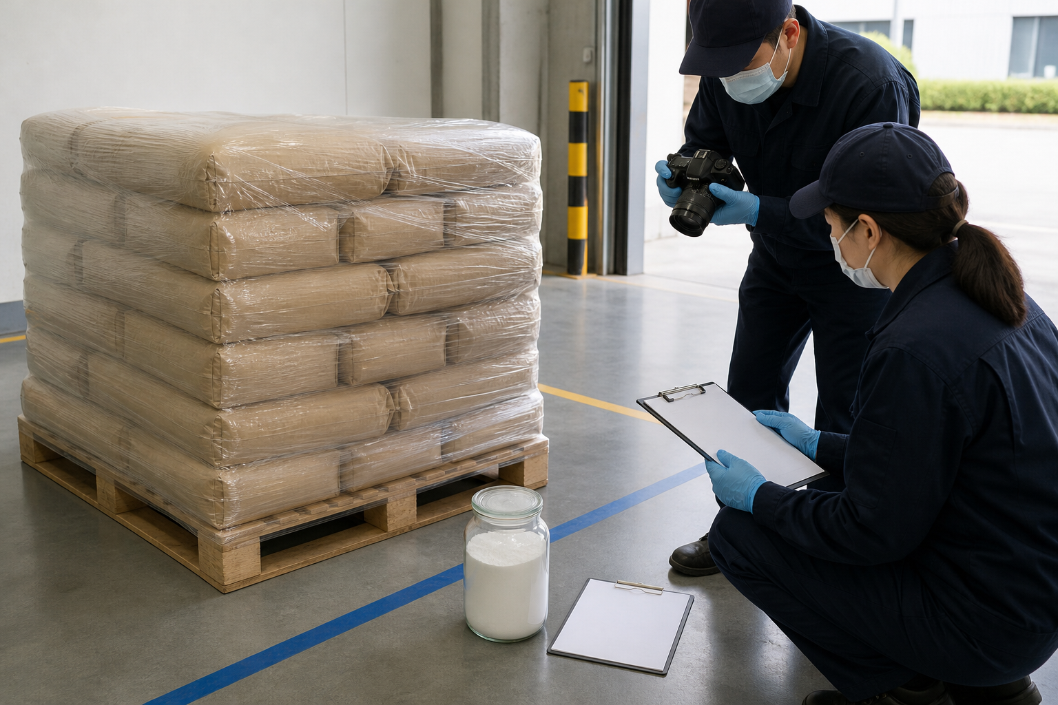 Warehouse QC inspector reviewing sealed HPMC bags at receiving