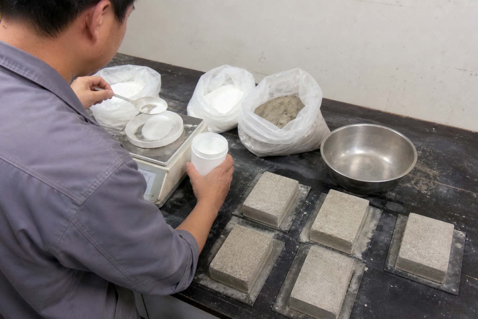 Technician weighing mortar ingredients while conditioned substrate specimens rest nearby