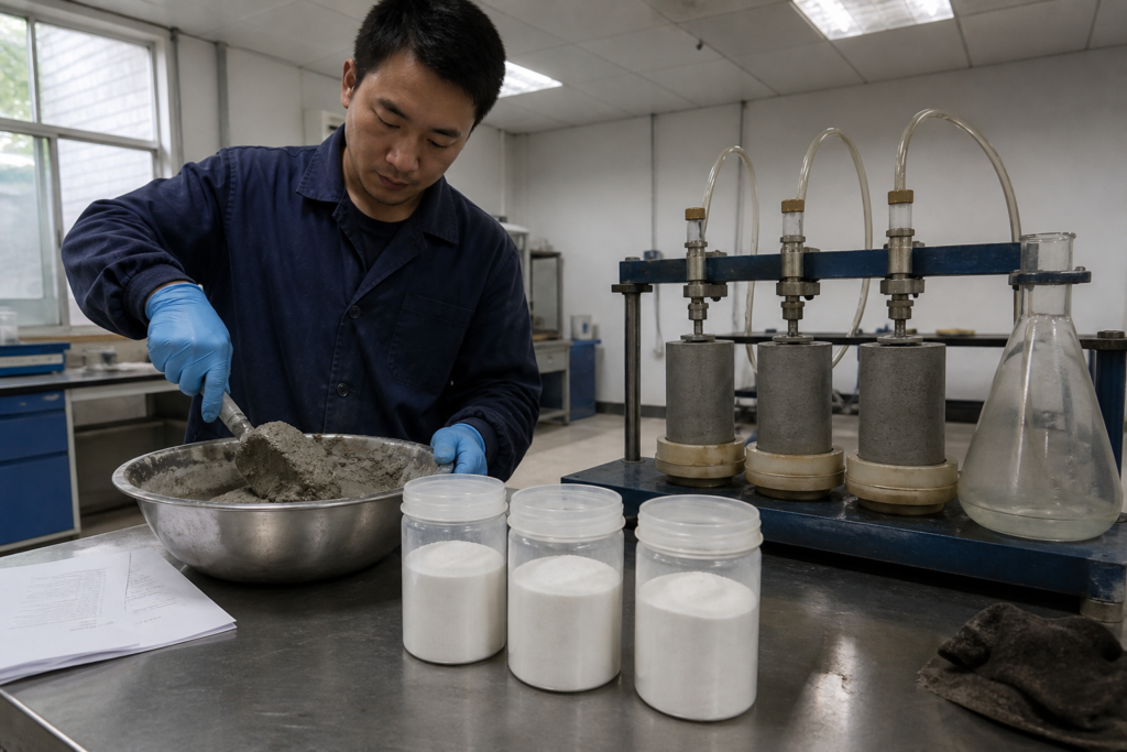 Laboratory technician preparing fresh mortar beside labeled HPMC samples and a water-retention apparatus