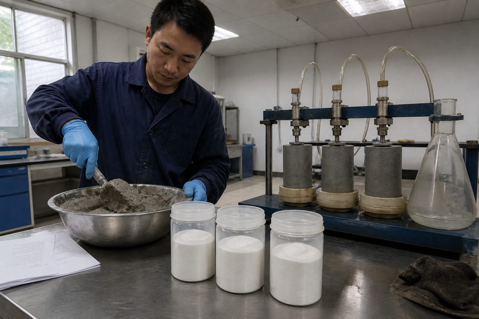Laboratory technician preparing fresh mortar beside labeled HPMC samples and a water-retention apparatus