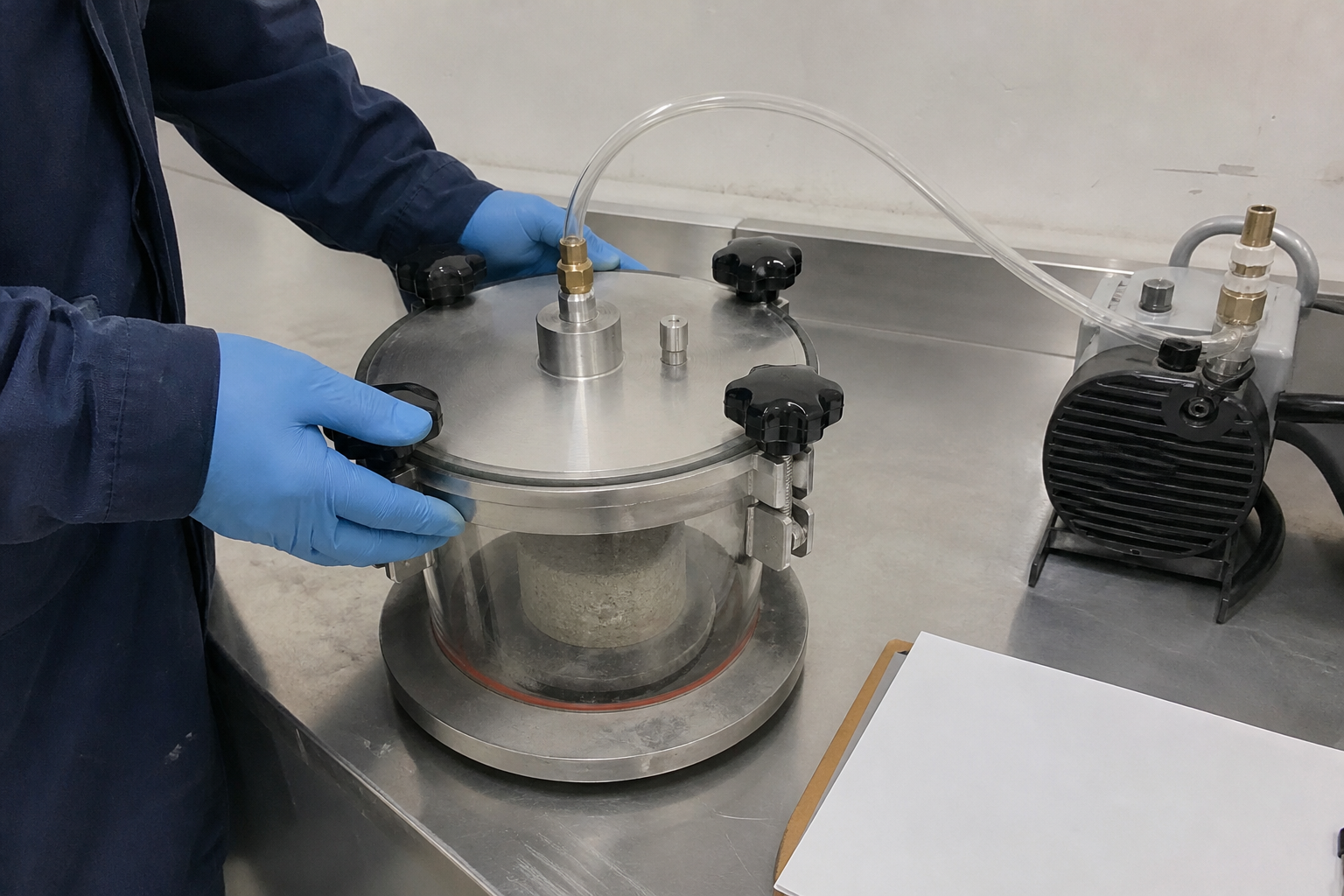 Close view of a sealed suction apparatus holding a freshly prepared mortar specimen