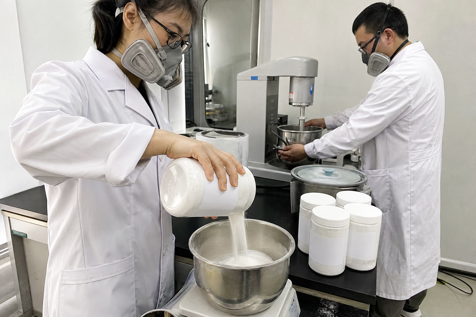 Laboratory operator adding white or almost-white ultrafine HPMC powder to a controlled dry blend