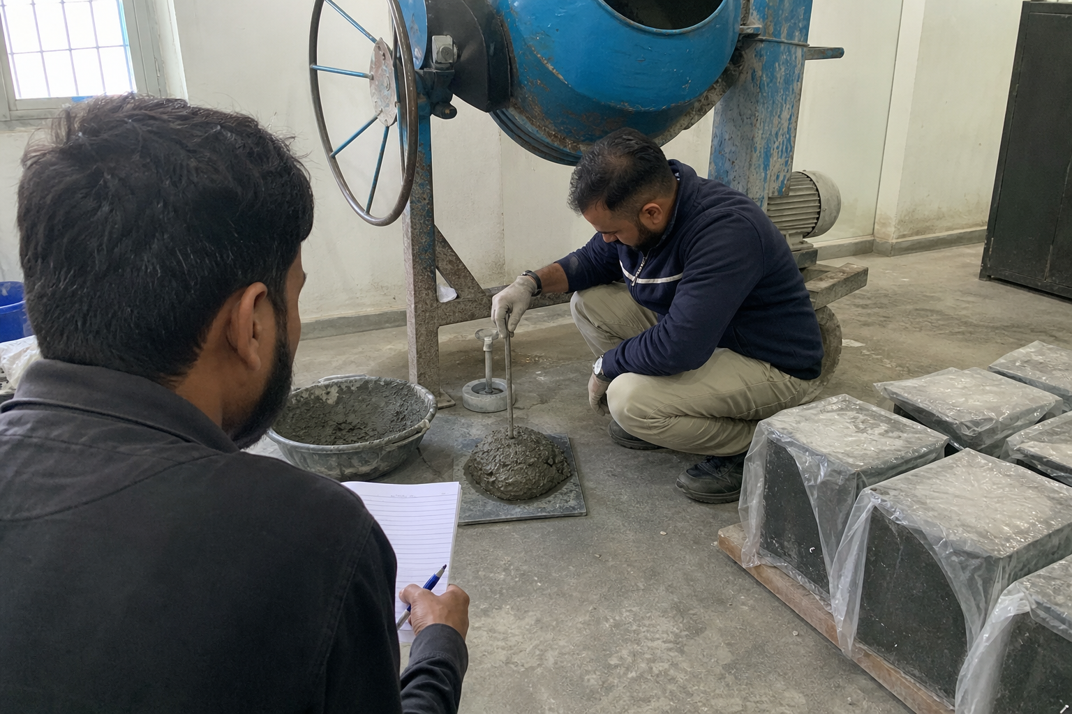 Technician checking fresh mortar consistency and recording timing beside a mixer