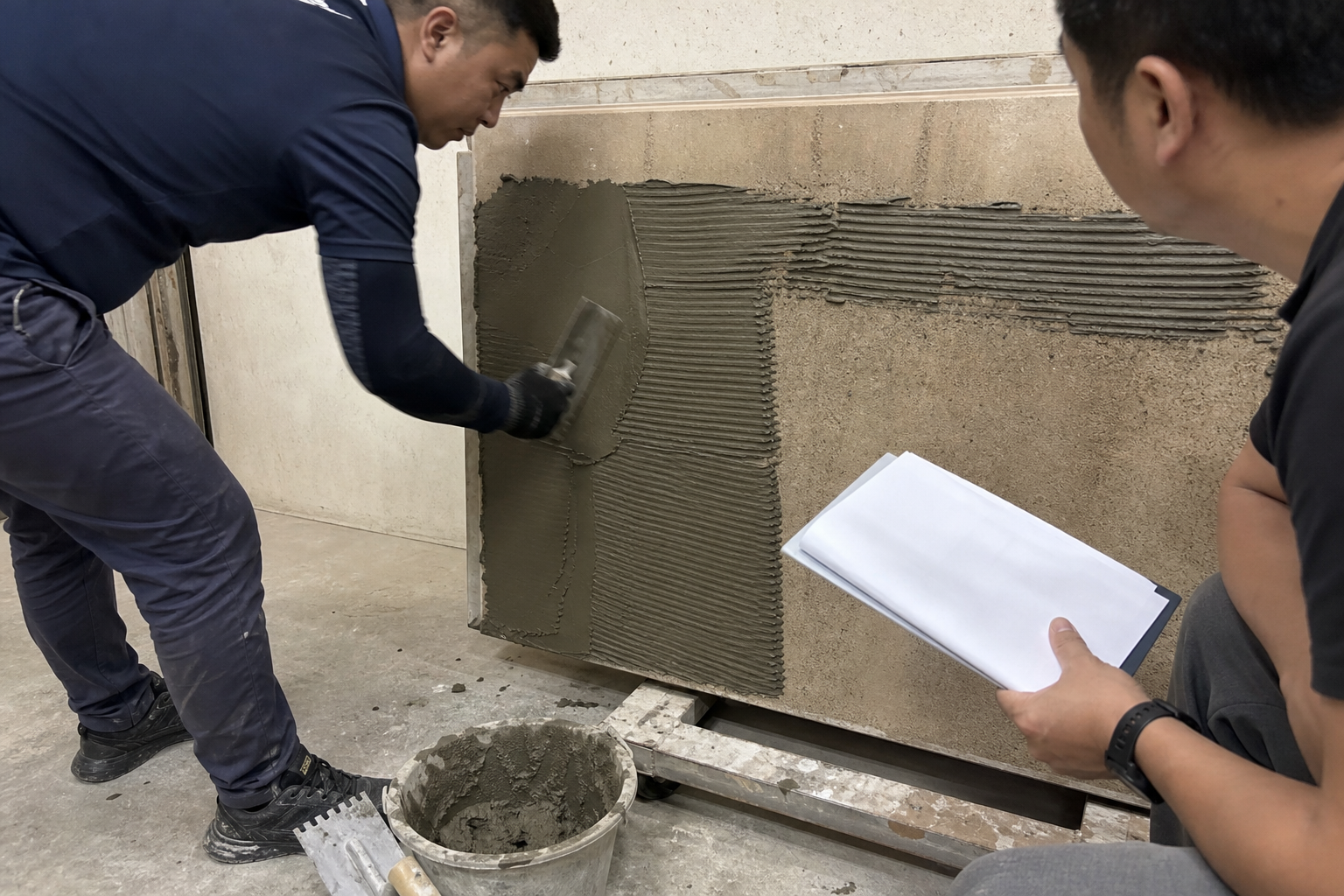 Application technician spreading fresh mortar on a conditioned masonry surface during a field trial