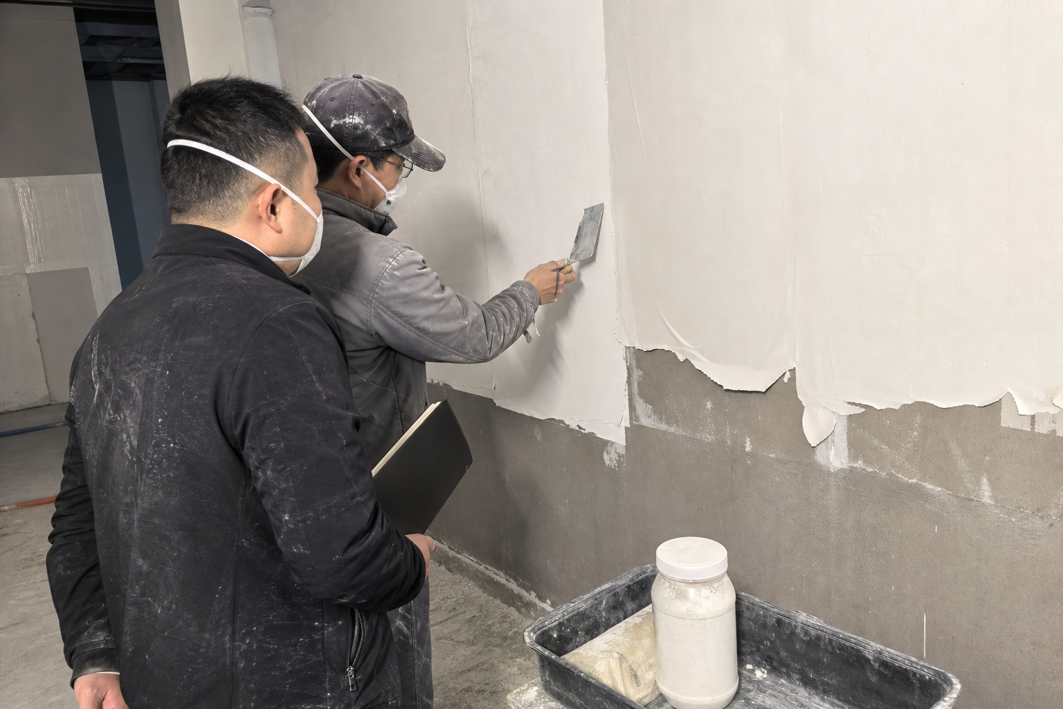 A laboratory technician comparing a viscosity record with torn wall putty on a hand-troweled test panel