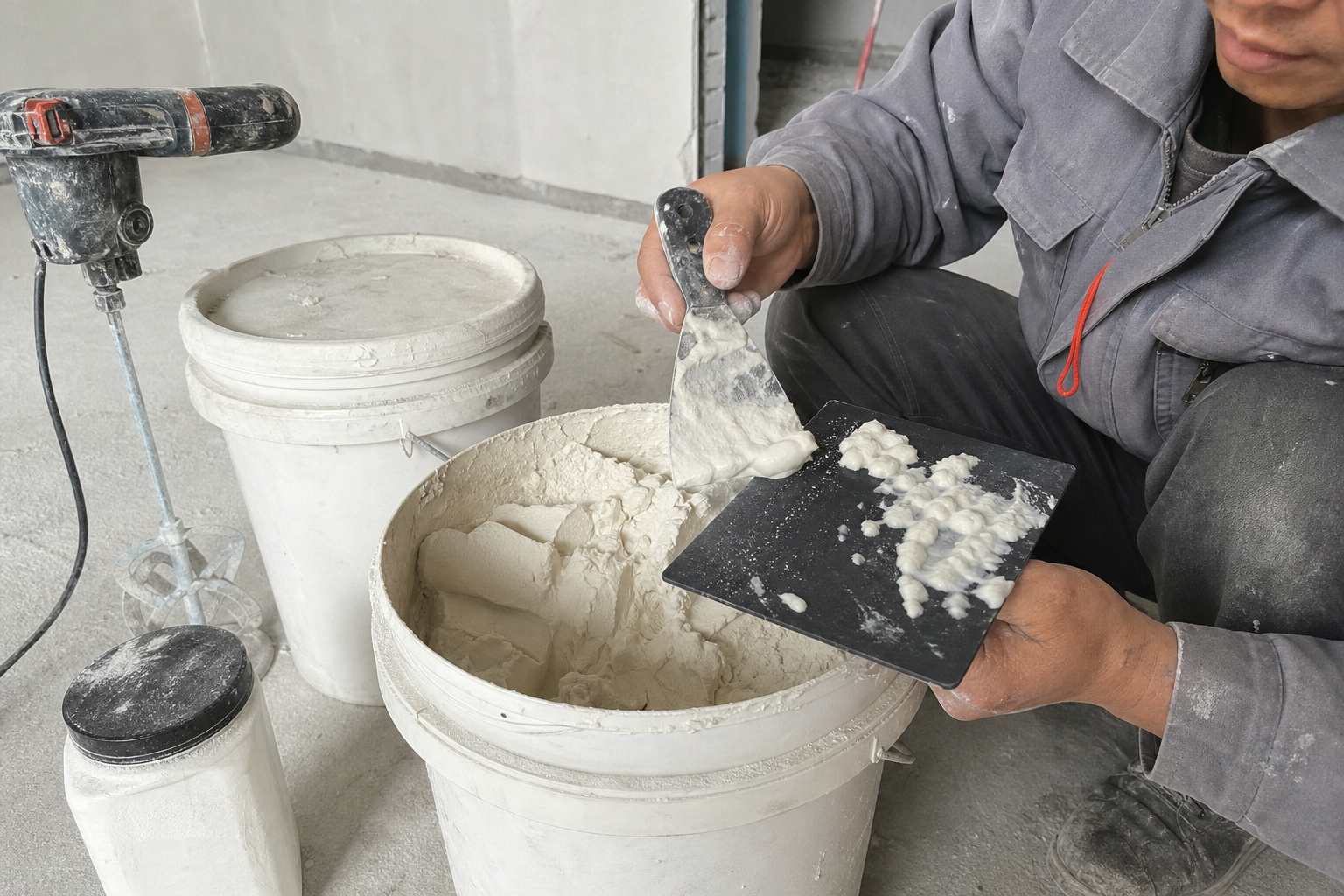 A close mobile-phone view of a technician checking hydrated wall putty for cellulose ether lumps after mixing