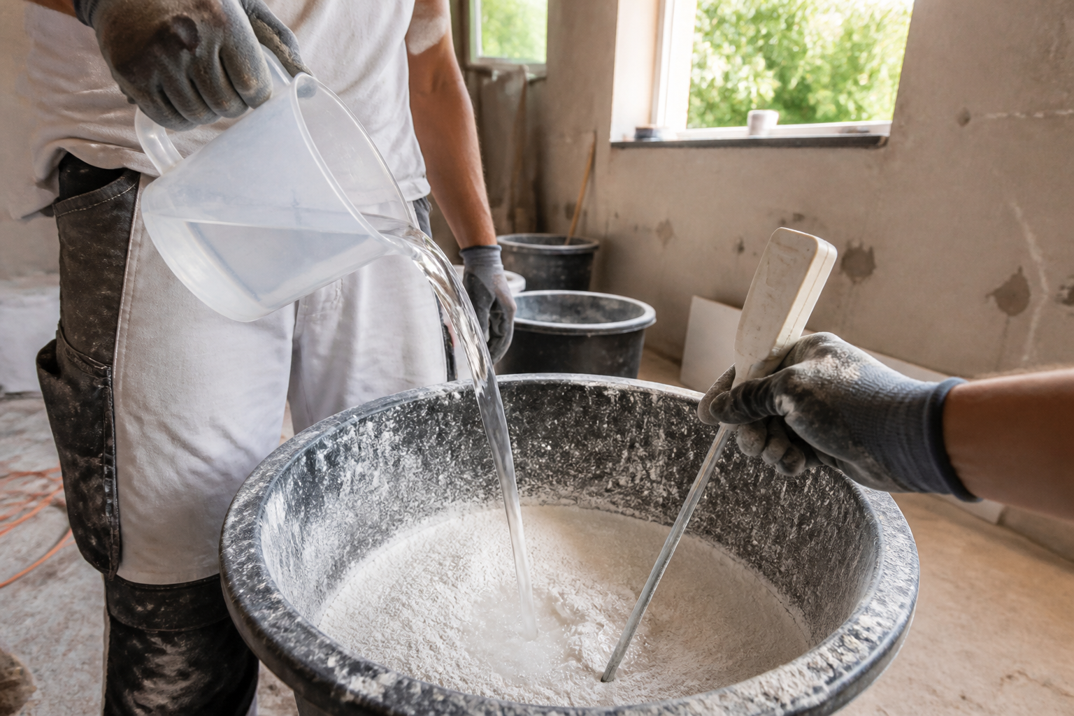 Worker controlling mixing water temperature and adding water to gypsum plaster on site