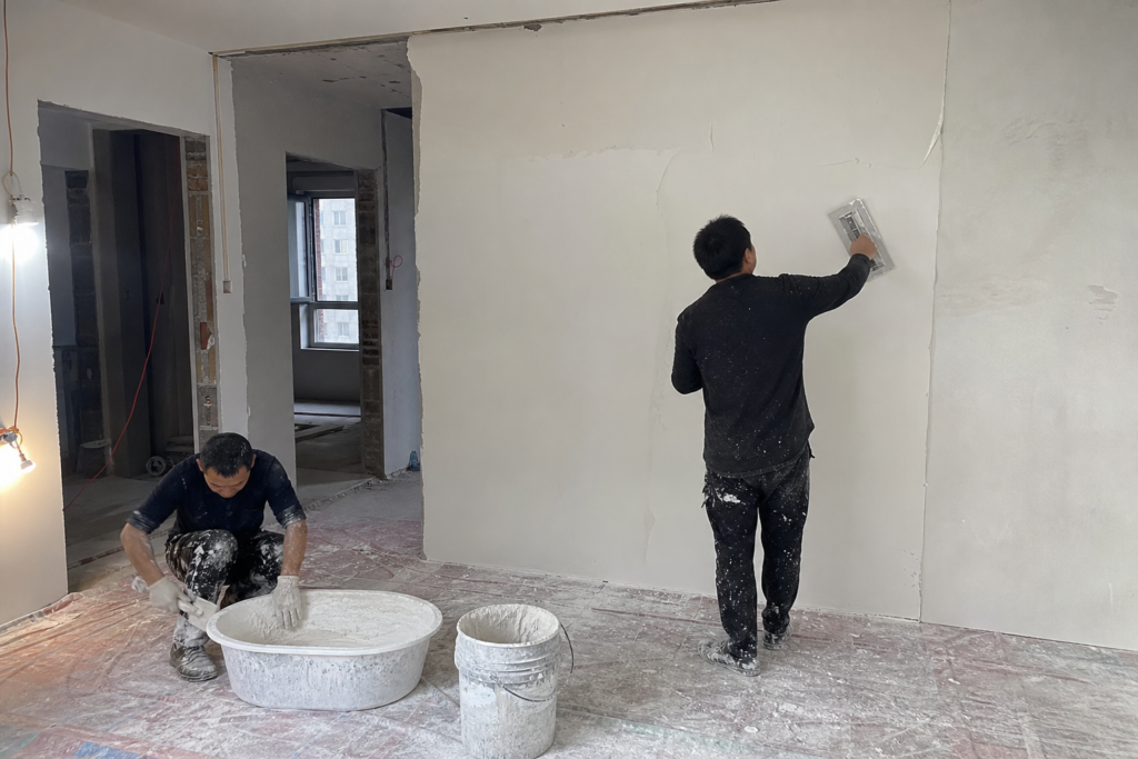 Wide view of workers applying white gypsum plaster on an interior construction wall