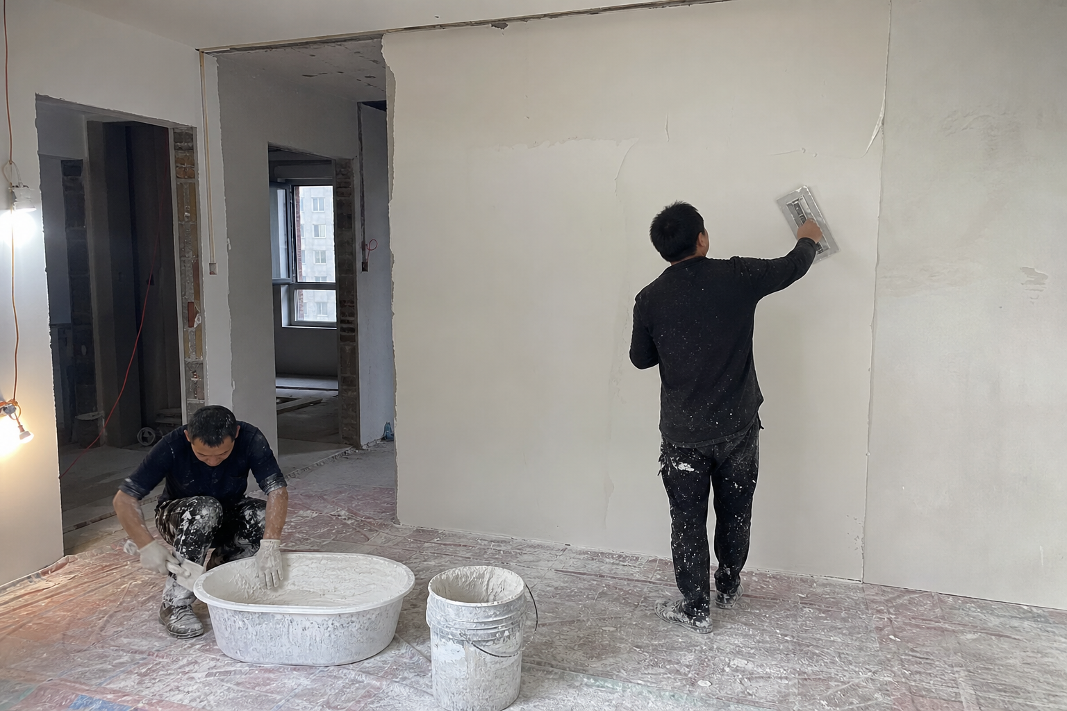 Wide view of workers applying white gypsum plaster on an interior construction wall