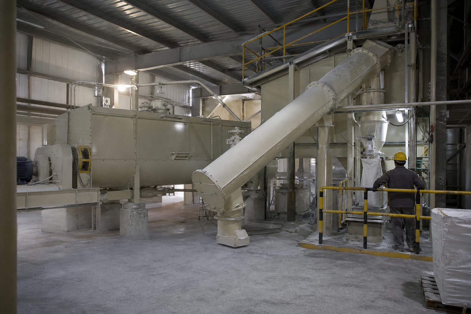 Documentary view of industrial gypsum dry-mix equipment and enclosed powder conveying line