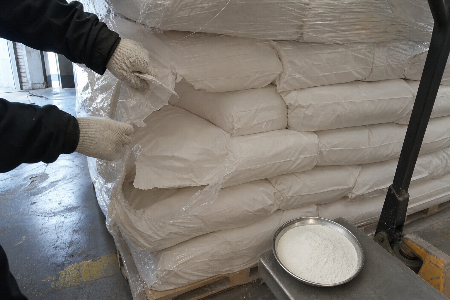 Close view of bagged gypsum receiving inspection beside near-white ultrafine HPMC powder